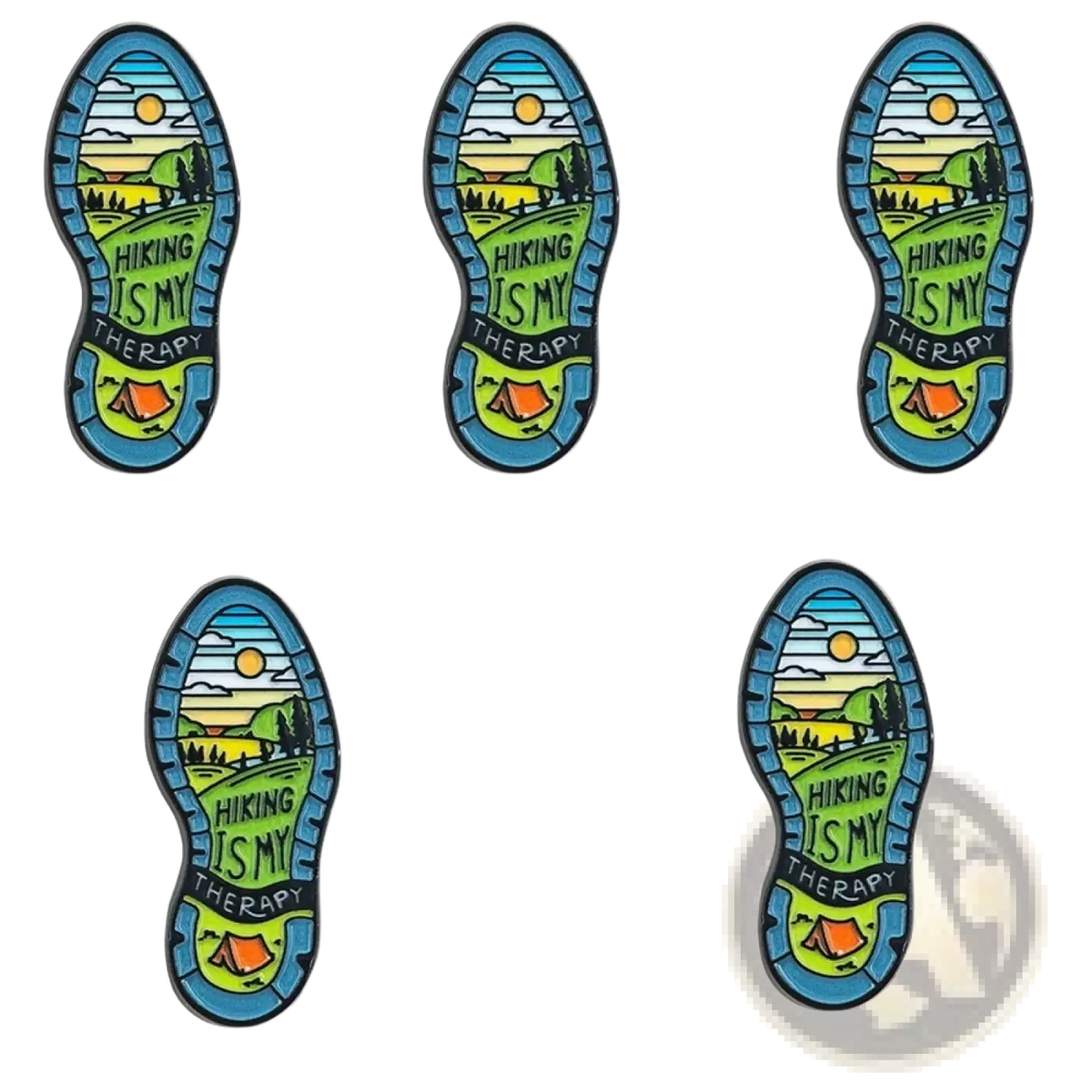 Set of five colorful enamel hiking boot sole pins with scenic landscapes and hiking is my therapy design