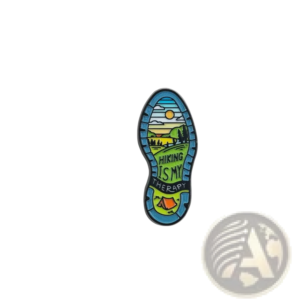 Colorful Hiking Boot Sole Enamel Pin with scenic green hills, trees, and campsite for adventure backpack brooch