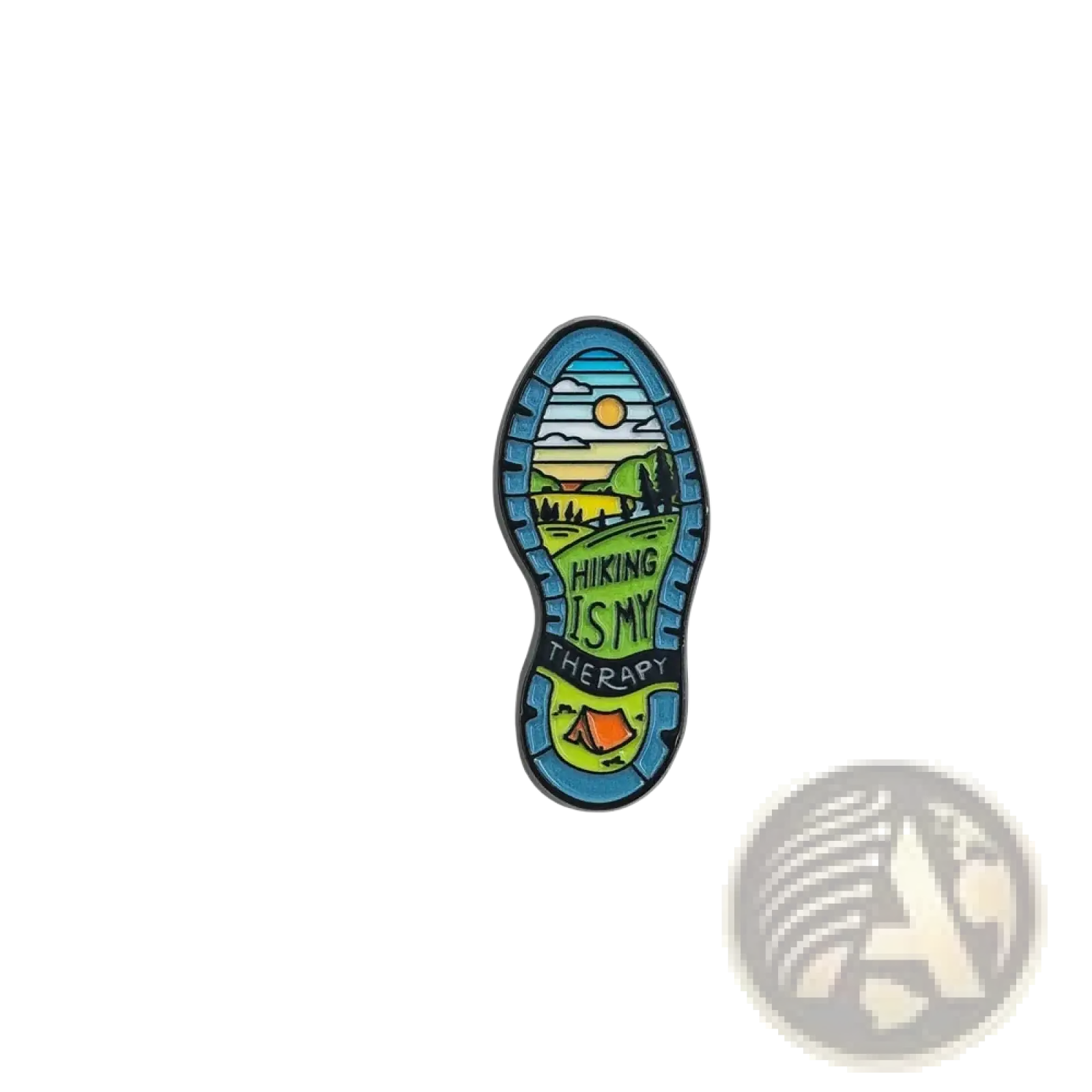 Colorful Hiking Boot Sole Enamel Pin with scenic green hills, trees, and campsite for adventure backpack brooch