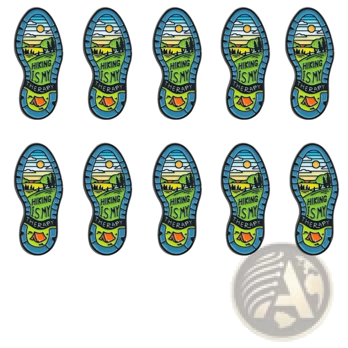 Ten colorful enamel-coated hiking boot sole pins featuring a scenic landscape and hiking is my therapy phrase