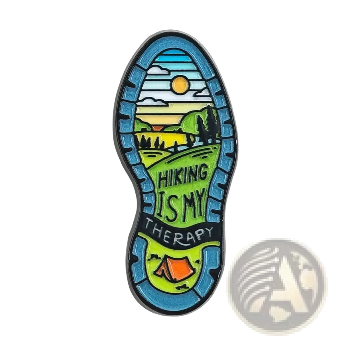 A colorful hiking boot sole enamel pin featuring green hills, an orange tent, and a blue sky for adventure backpacks