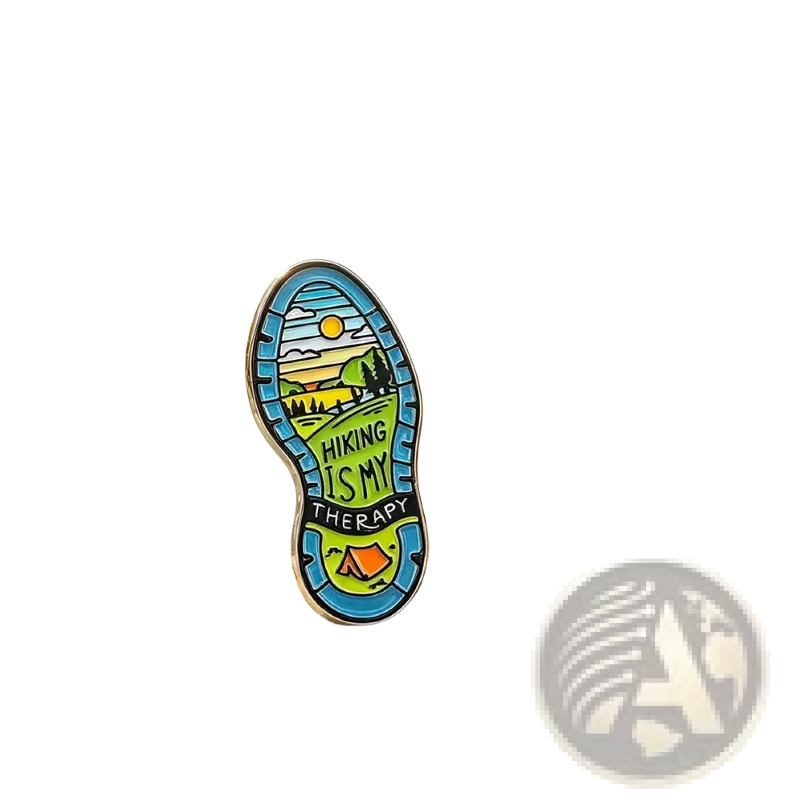 Colorful hiking boot sole enamel pin featuring a scenic landscape with trees mountains and sunlit sky for backpacks