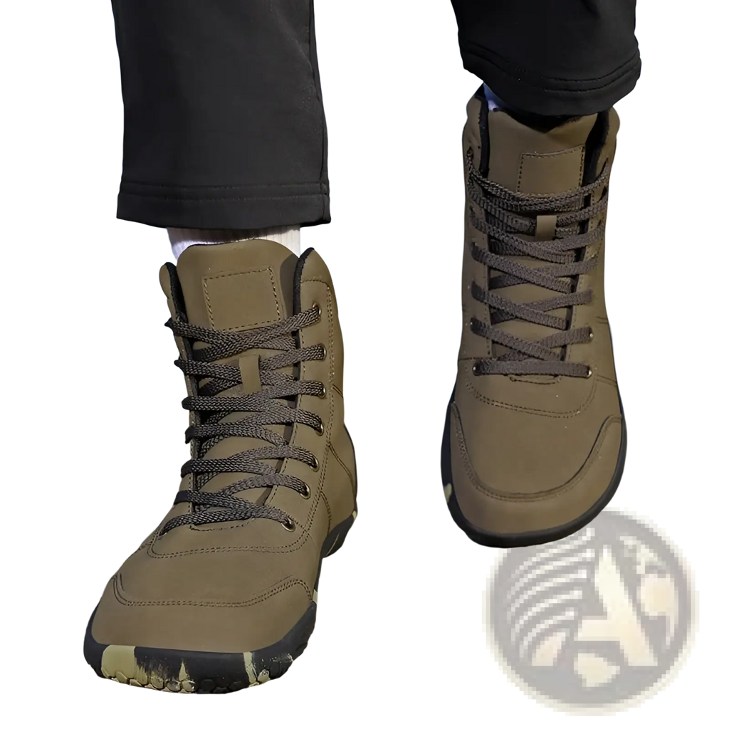 Olive green leather high top hiking boots with wide toe, dark brown laces, and rugged textured sole for outdoor sports