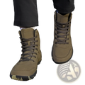 Olive green leather high top hiking boots with wide toe, dark brown laces, and rugged textured sole for outdoor sports