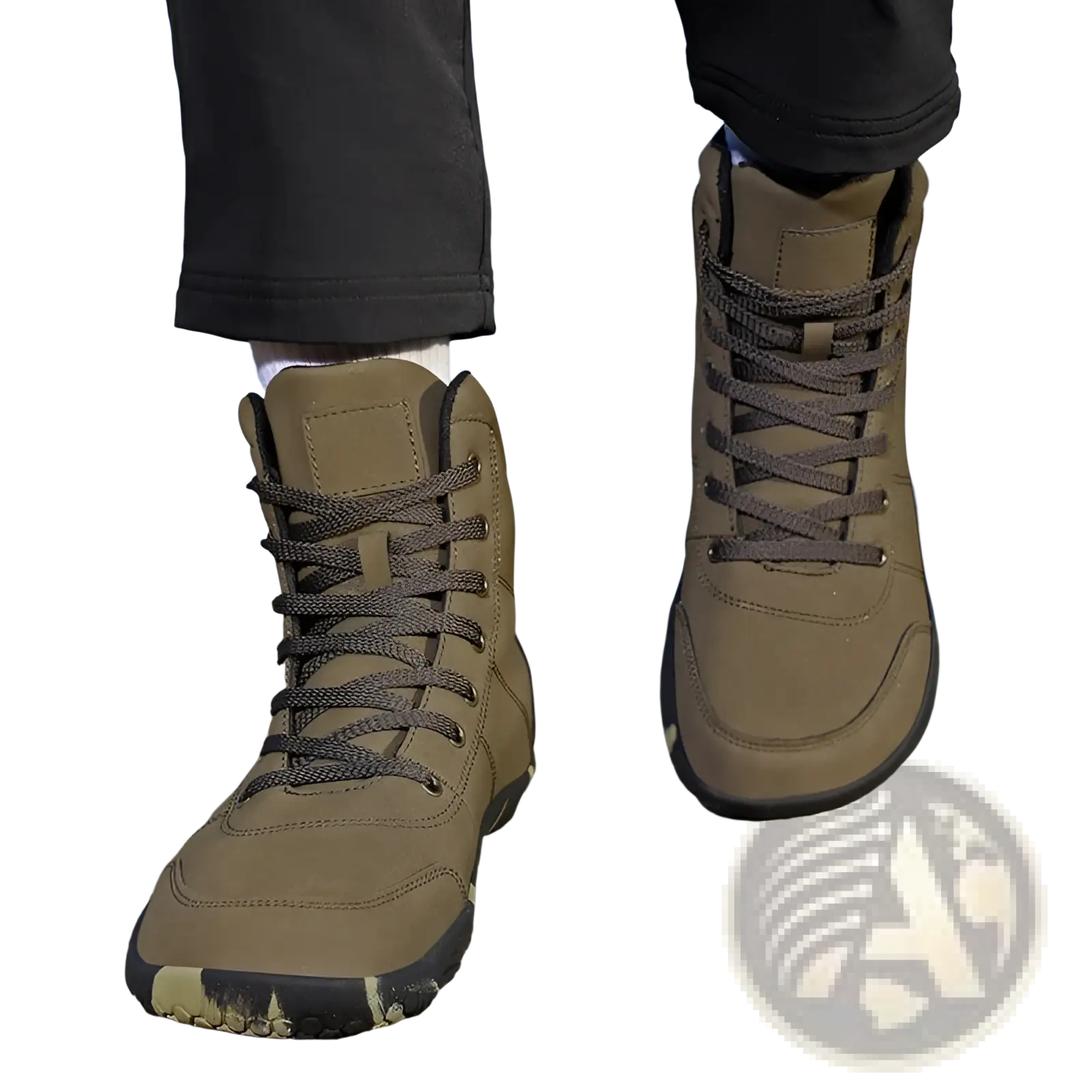Olive green leather high top hiking boots with wide toe, dark brown laces, and rugged textured sole for outdoor sports