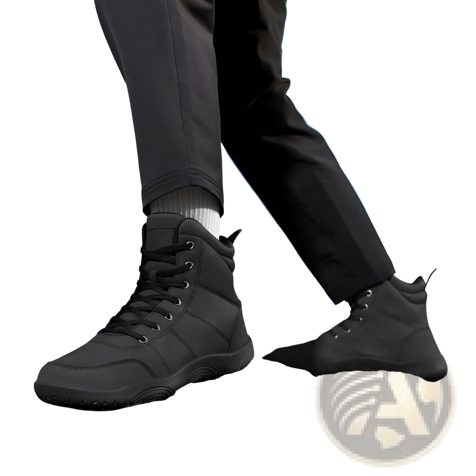 Black leather high top hiking boots with wide toe, durable rubber soles, and reinforced stitching for outdoor sports