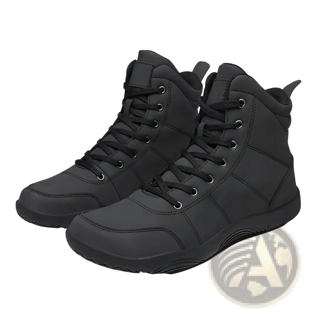 Black high top hiking boots with wide toe leather upper, reinforced stitching, and durable rubber soles for sports use