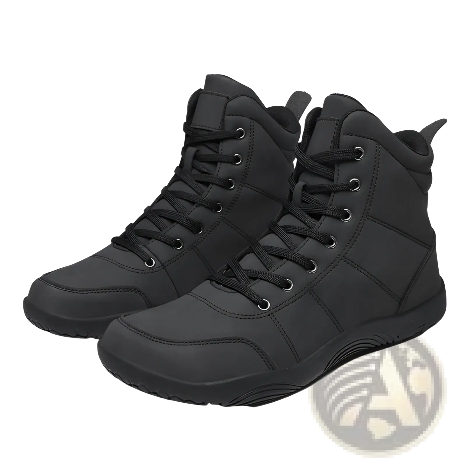 Black high top hiking boots with wide toe leather upper, reinforced stitching, and durable rubber soles for sports use
