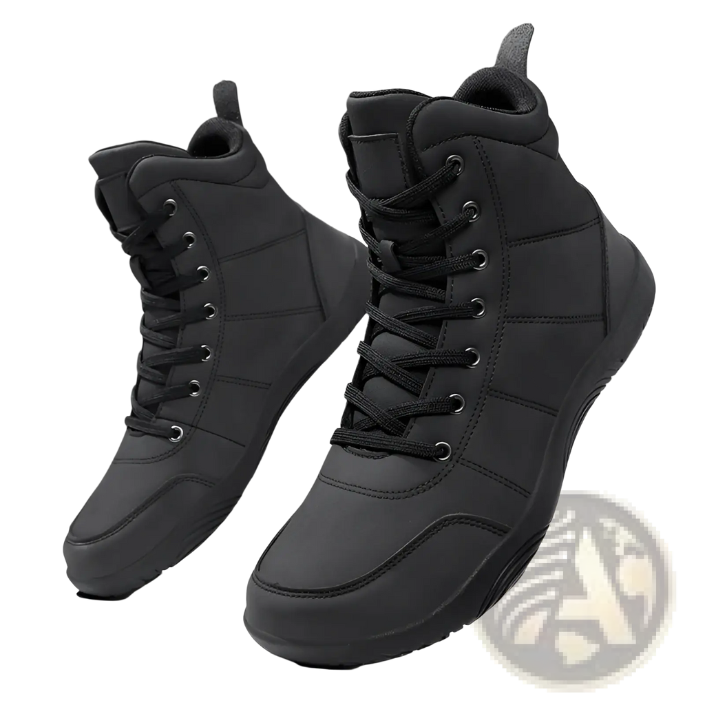 Black leather high top hiking boots with wide toe, reinforced stitching, and rugged rubber sole for outdoor sports use