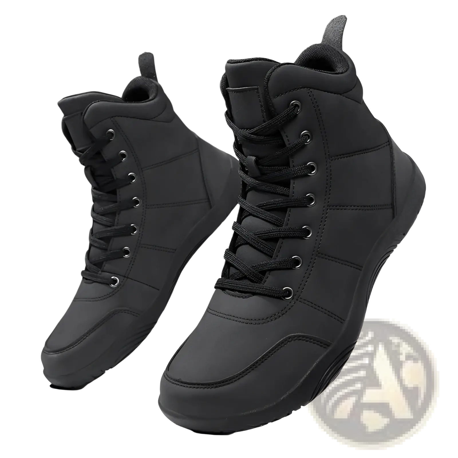 Black leather high top hiking boots with wide toe, reinforced stitching, and rugged rubber sole for outdoor sports use
