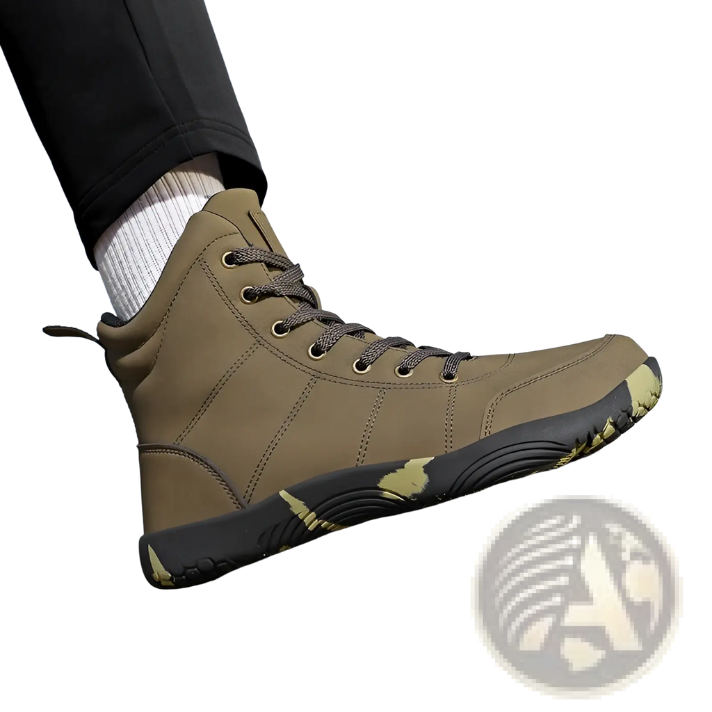 Olive green leather high top hiking boot with wide toe and camouflage accents for outdoor sports use