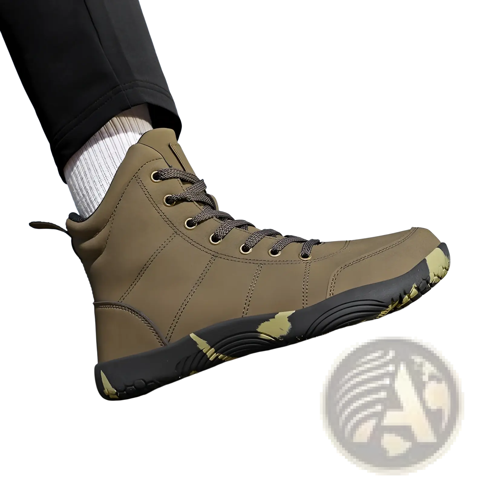 Olive green leather high top hiking boot with wide toe and camouflage accents for outdoor sports use