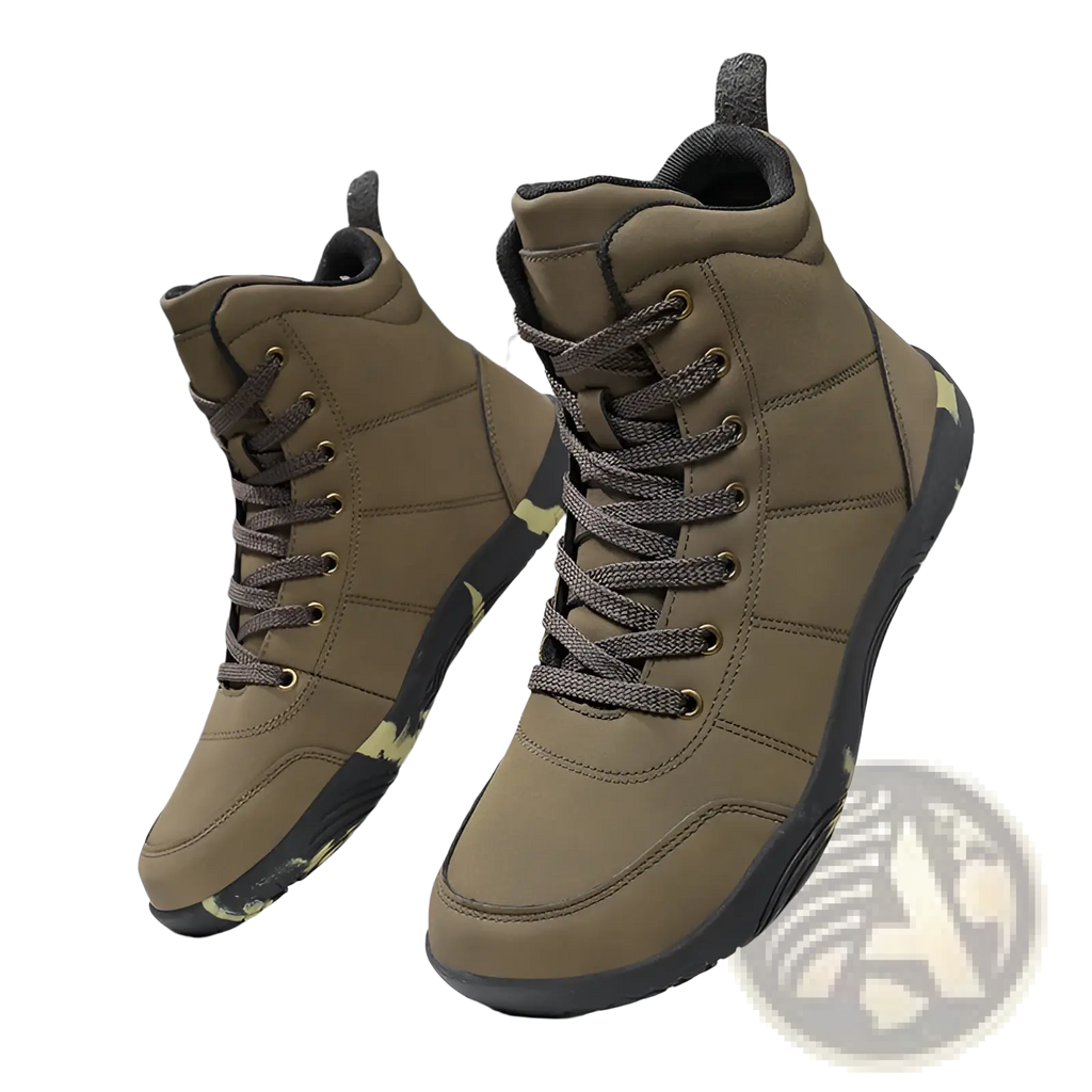 Olive green leather high top hiking boots with wide toe, dark gray laces, and subtle camouflage sole accents