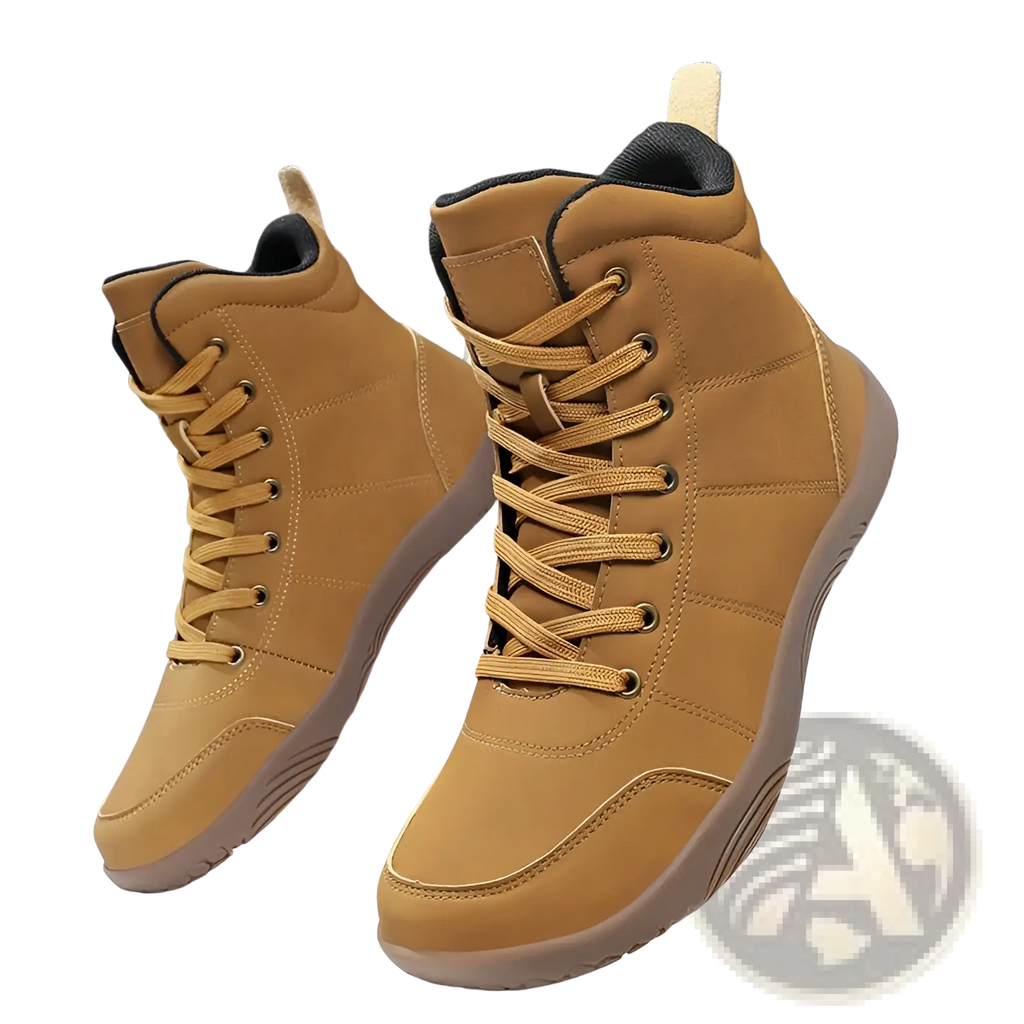 Tan suede hiking boots with wide toe high top design, matching laces, and padded collar for sports use