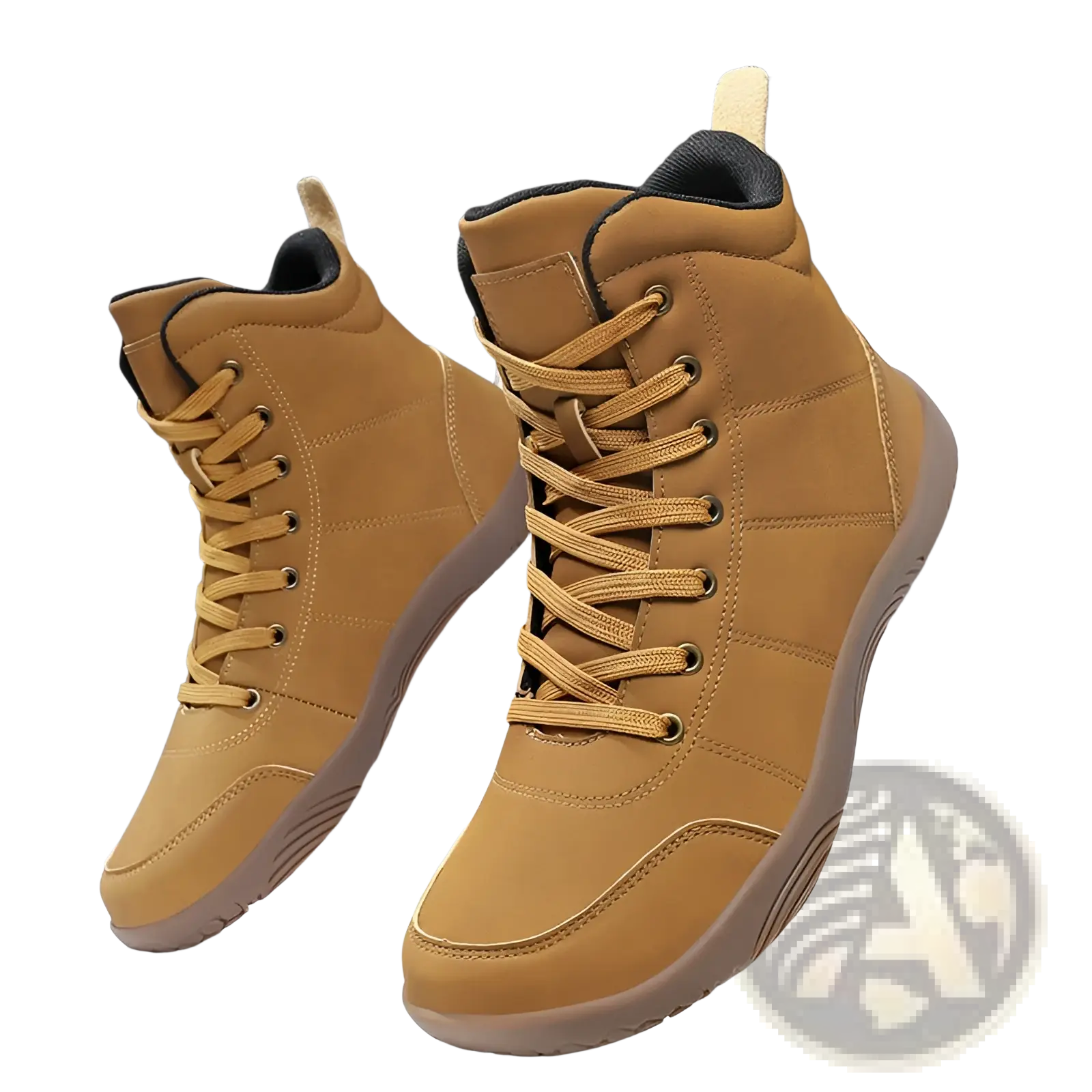 Tan suede hiking boots with wide toe high top design, matching laces, and padded collar for sports use