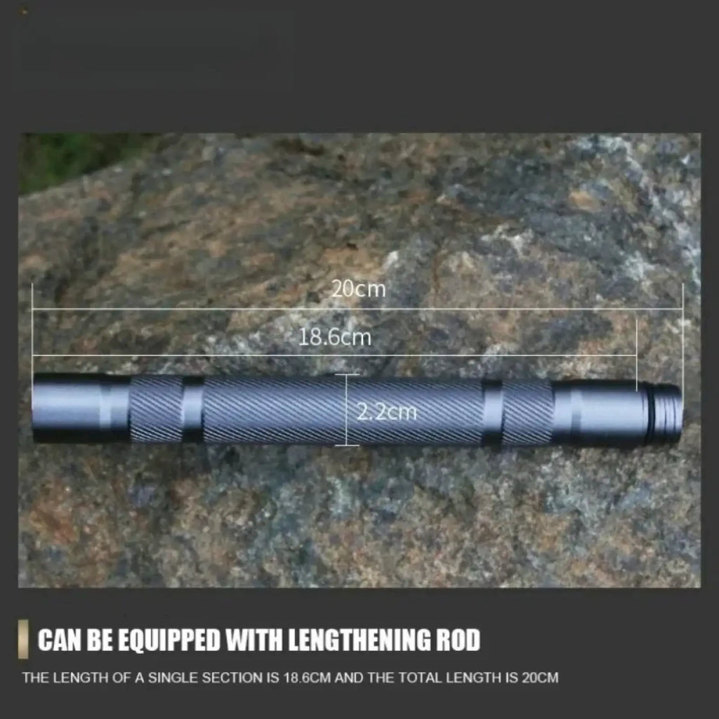 Black tactical flashlight with textured grip and threaded ends included in hiking pole camping set with tactical knife