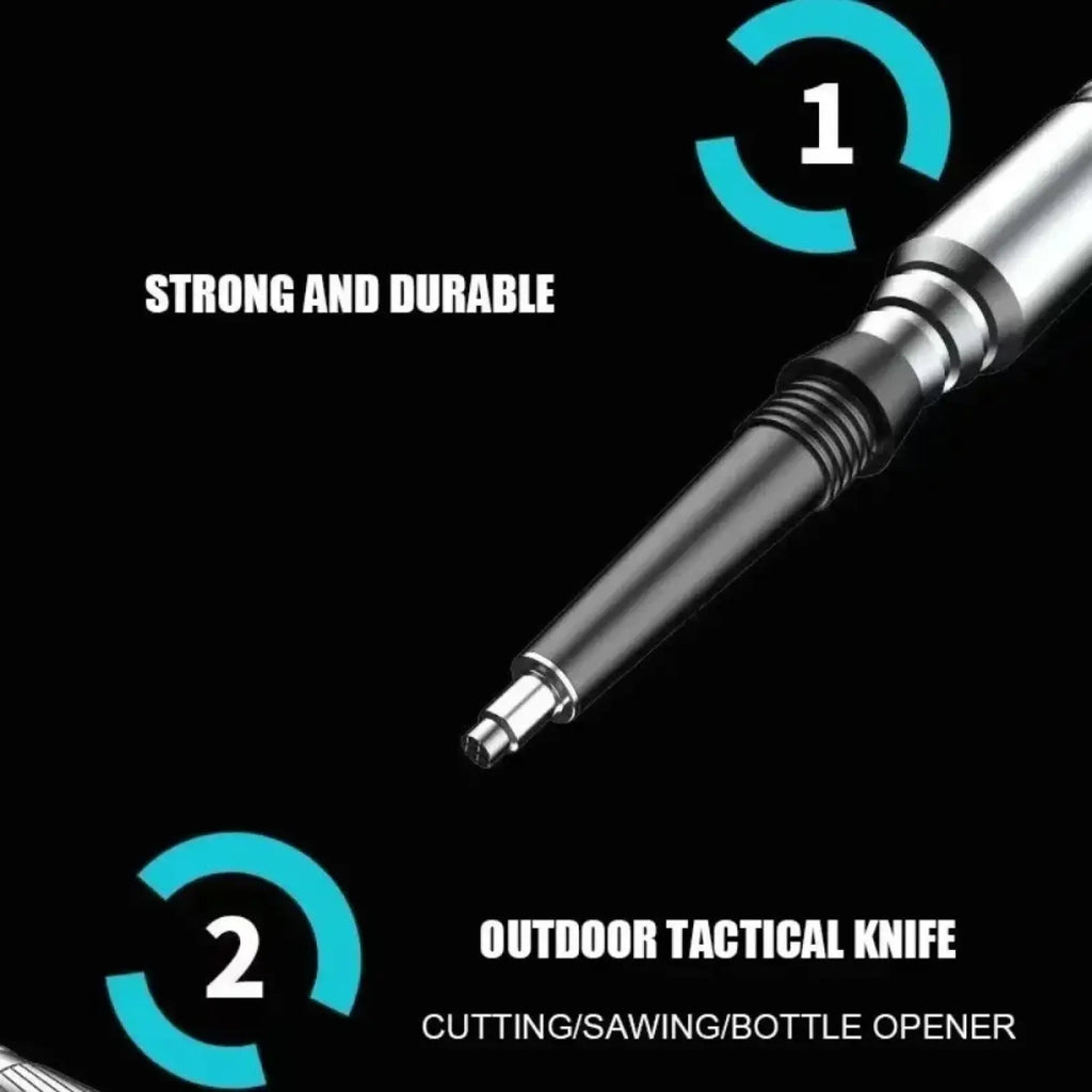 Silver and black tactical knife with textured grip designed for outdoor use in hiking pole camping set