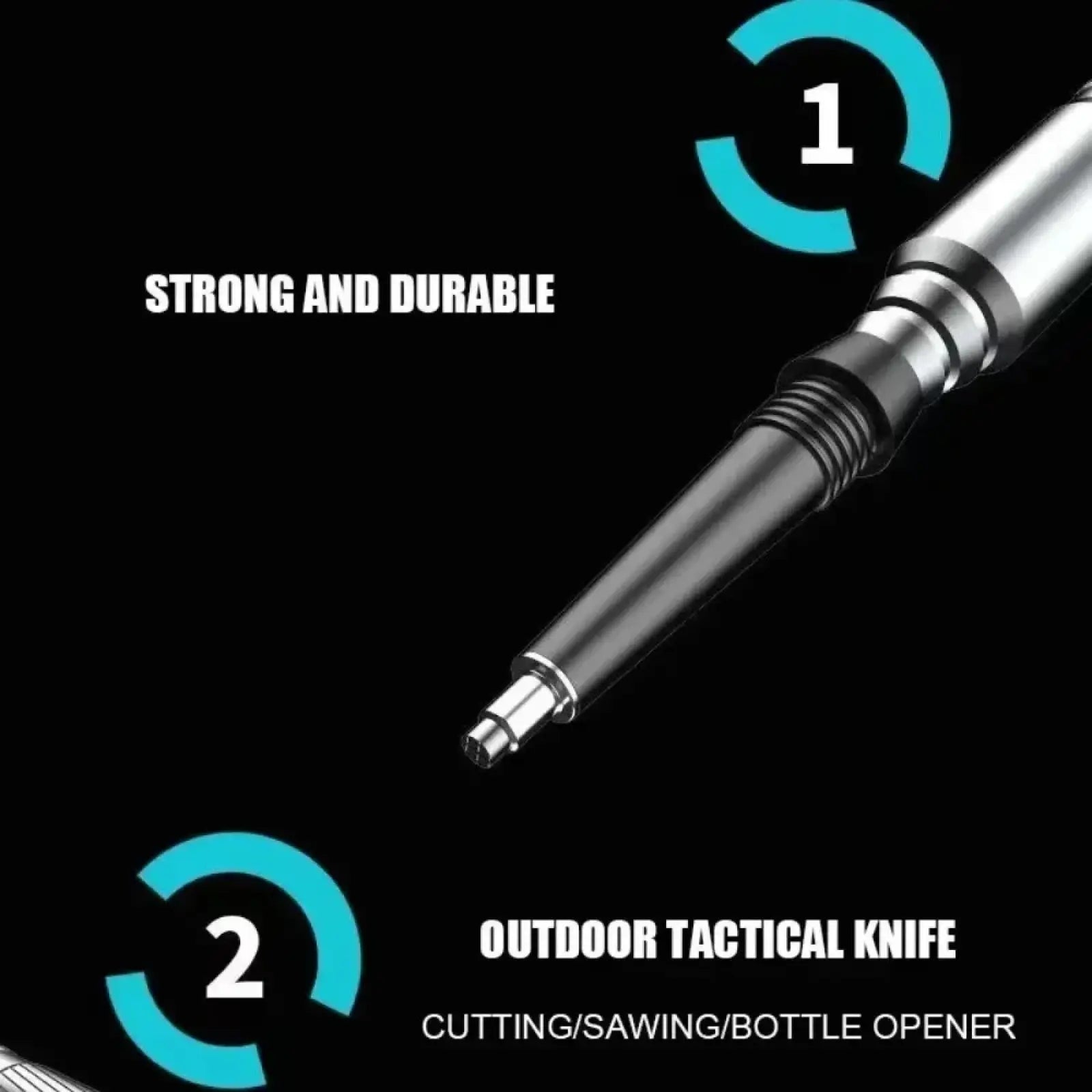 Silver and black tactical knife with textured grip designed for outdoor use in hiking pole camping set