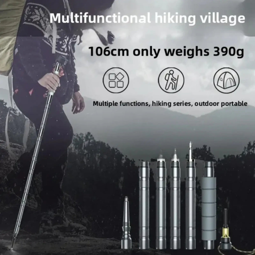 Silver multi-sectioned telescopic hiking pole with textured grip and adjustable segments for camping use