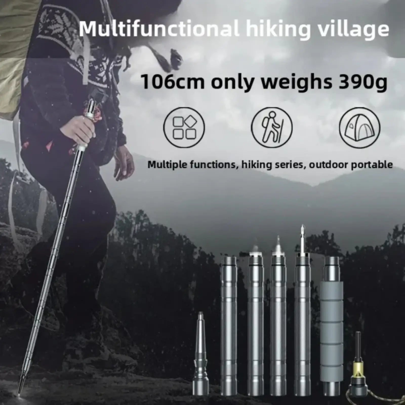 Silver multi-sectioned telescopic hiking pole with textured grip and adjustable segments for camping use