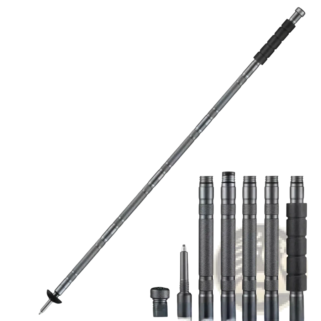 Silver and black telescopic hiking pole with textured grip sections designed for outdoor use in camping set with tactical knife