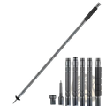 Silver and black telescopic hiking pole with textured grip sections designed for outdoor use in camping set with tactical knife