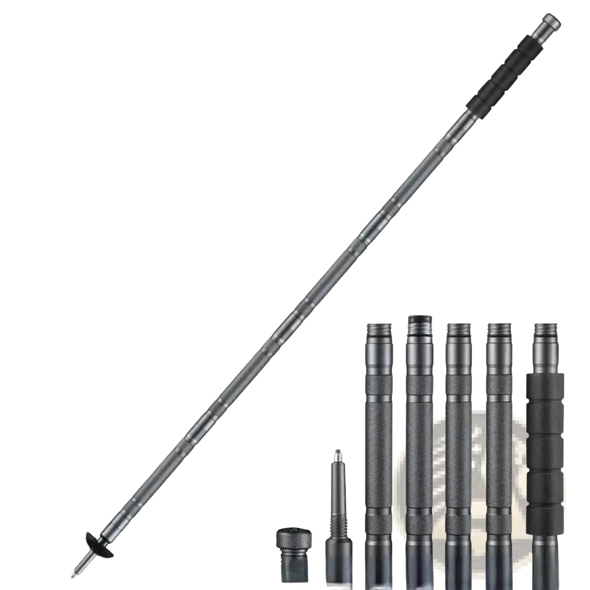 Silver and black telescopic hiking pole with textured grip sections designed for outdoor use in camping set with tactical knife