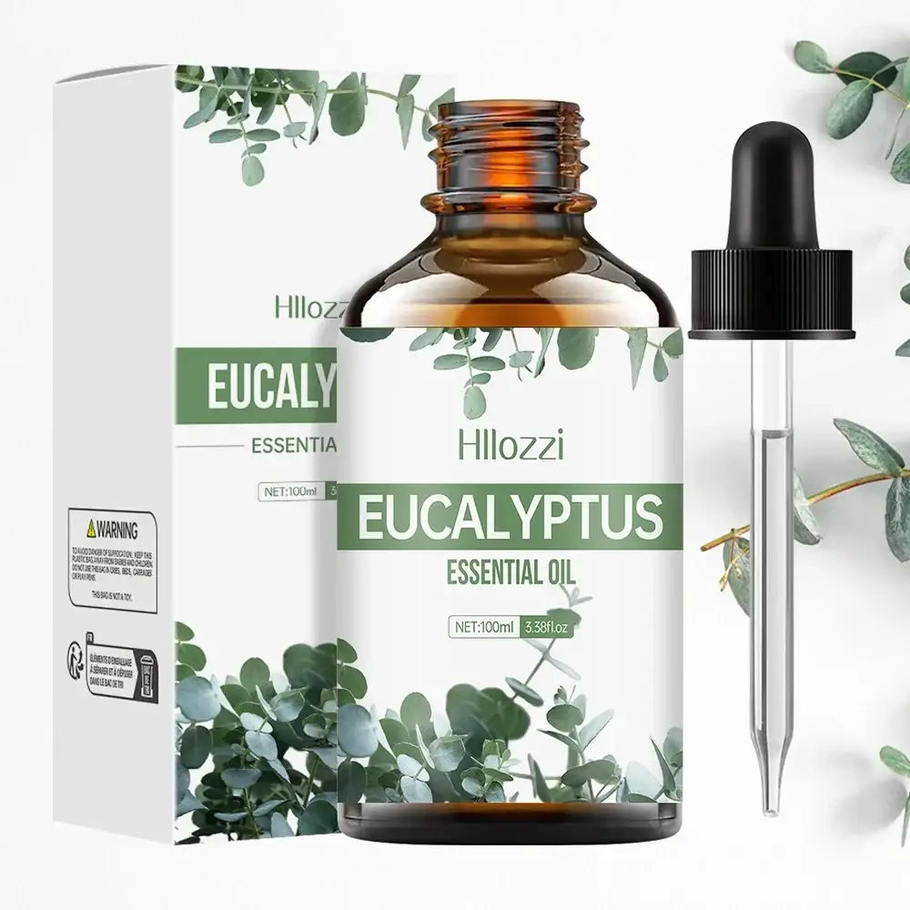 Hillozzi eucalyptus essential oil 100ml amber glass bottle with black dropper for aromatherapy use
