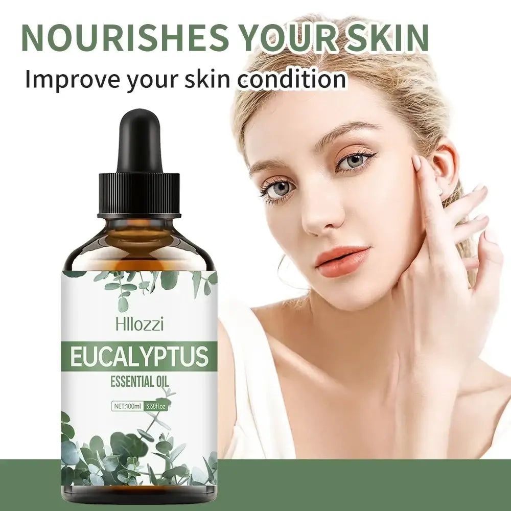 Hillozzi eucalyptus essential oil in a 100ml amber glass bottle with black dropper and green leafy white label
