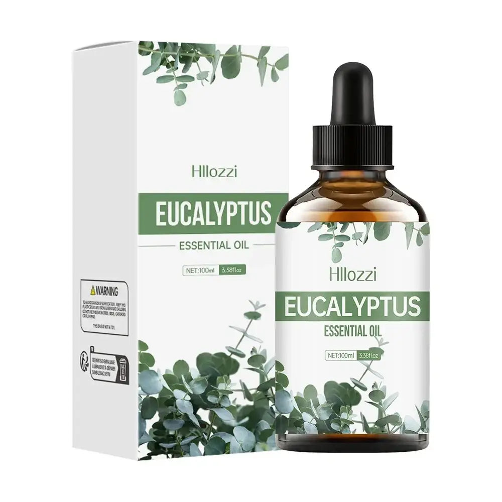 Hillozzi eucalyptus essential oil 100ml in amber glass bottle with black dropper and white box with green leaves design