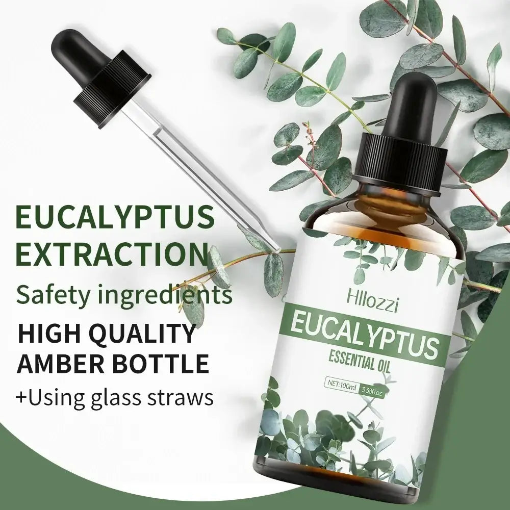 Hillozzi eucalyptus essential oil in a 100ml amber glass bottle with a black dropper cap and matching pipette