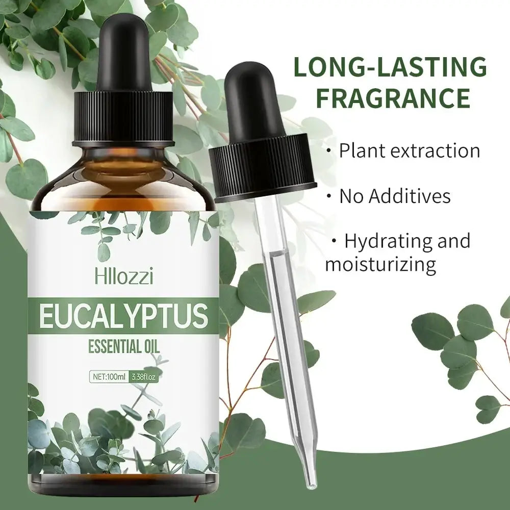 Hillozzi eucalyptus essential oil 100ml in dark amber glass bottle with black dropper cap and pipette for aromatherapy