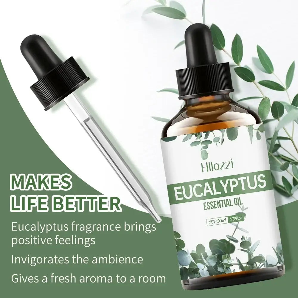 A sleek amber glass bottle of Hillozzi eucalyptus essential oil 100ml with black dropper cap and green leafy label