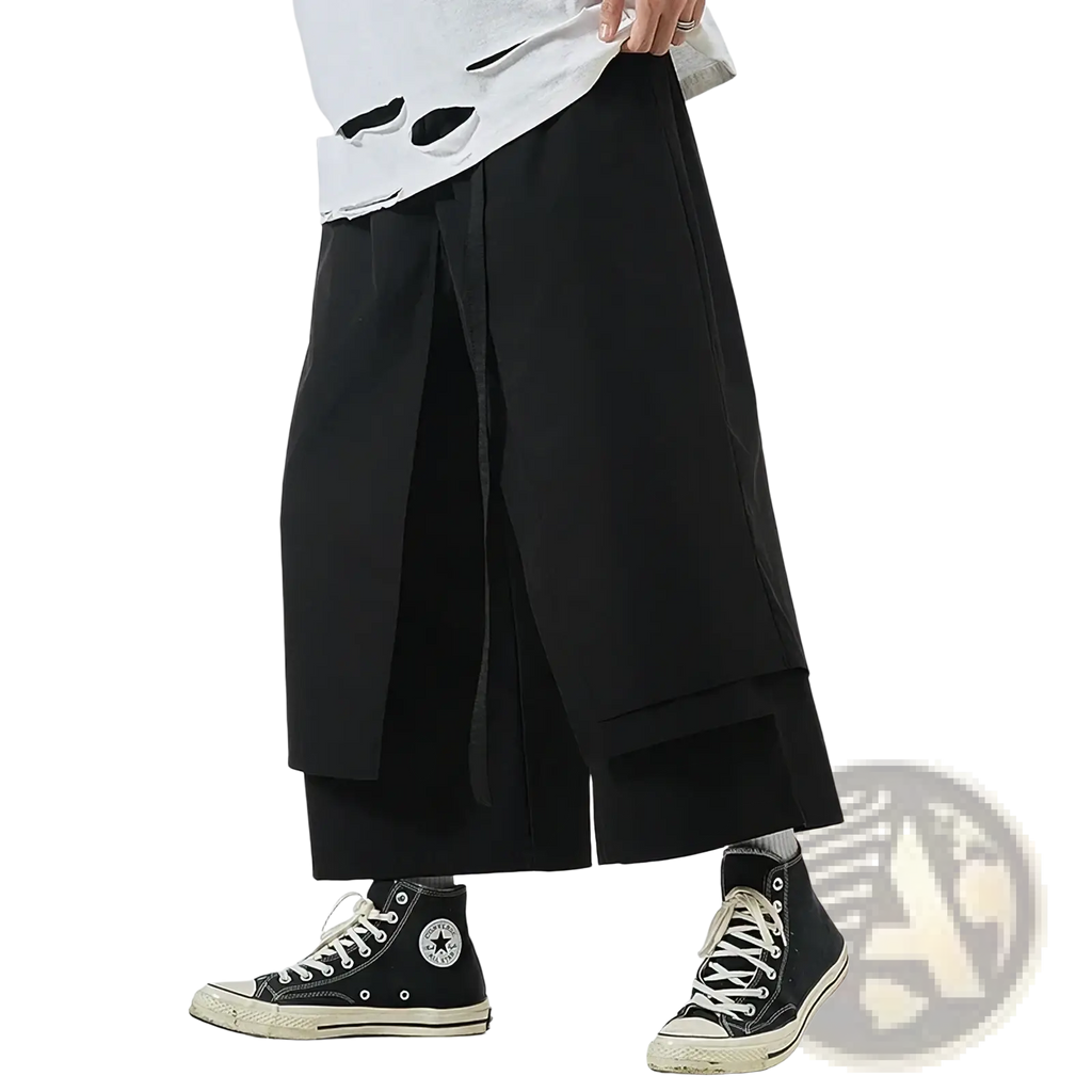 Black hip hop cargo jogger pants for men featuring wide-leg, layered asymmetrical design and subtle pleats