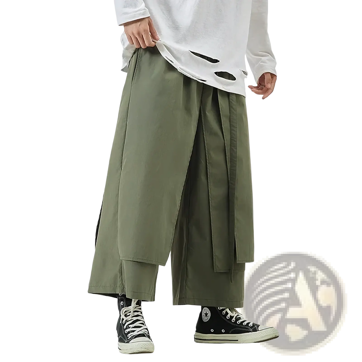 Olive green hip hop cargo jogger pants men streetwear trousers with wide-leg layered asymmetrical design and side slits