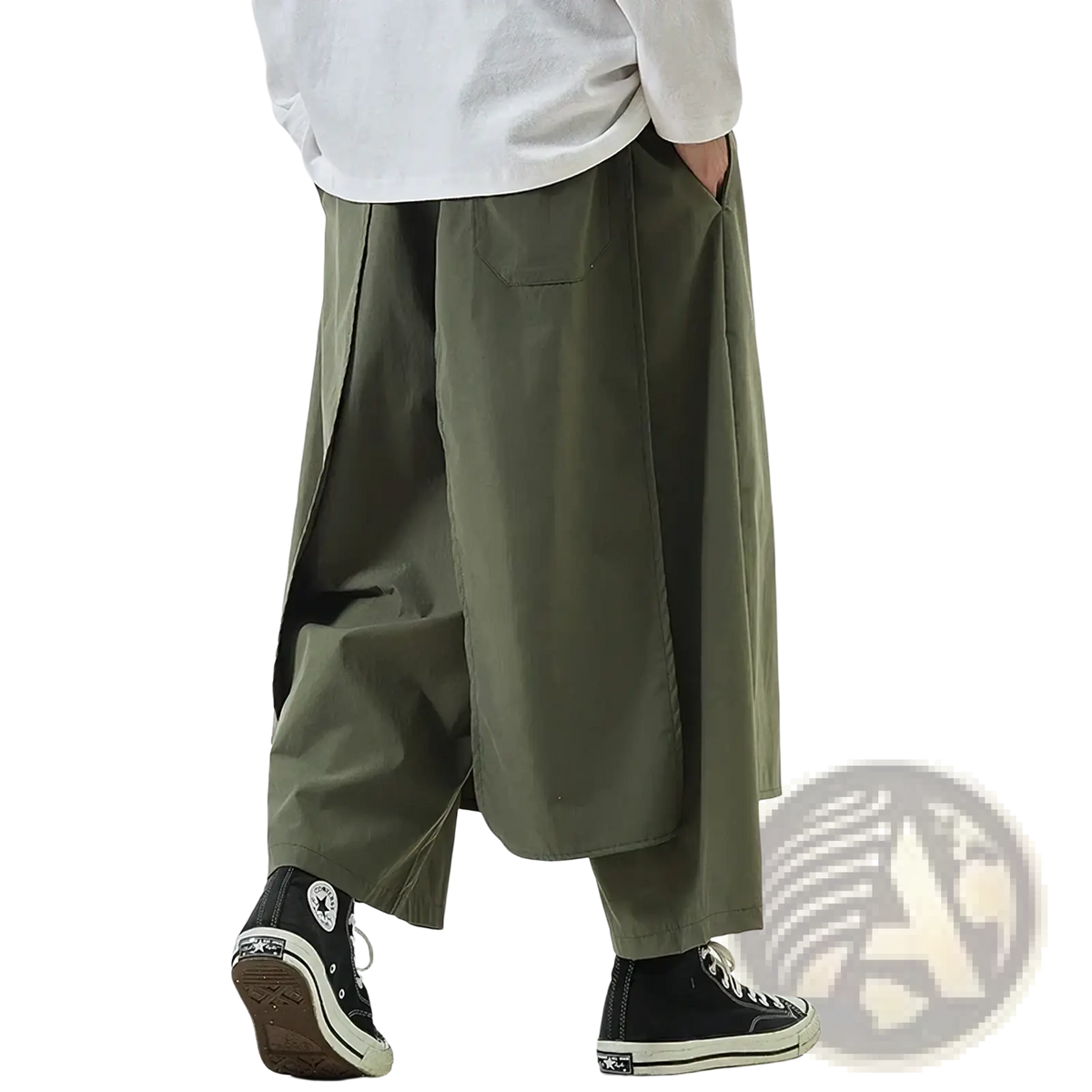 Olive green hip hop cargo jogger pants for men with wide-leg relaxed asymmetrical design and visible side pockets