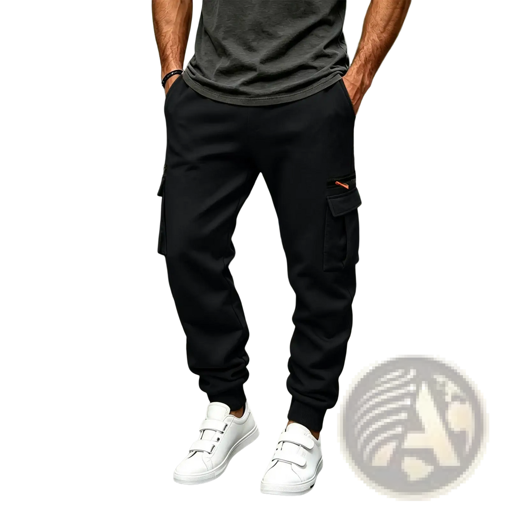 Black cargo joggers with orange accent stitching on side pockets worn by man in urban hip hop streetwear setting
