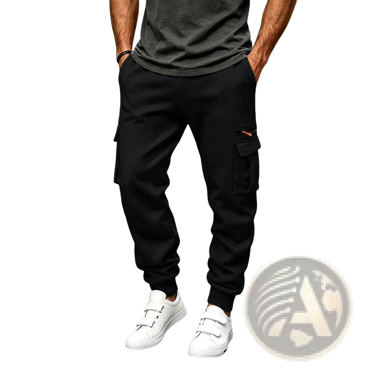 Black cargo joggers with orange accent stitching on side pockets worn by man in urban hip hop streetwear setting