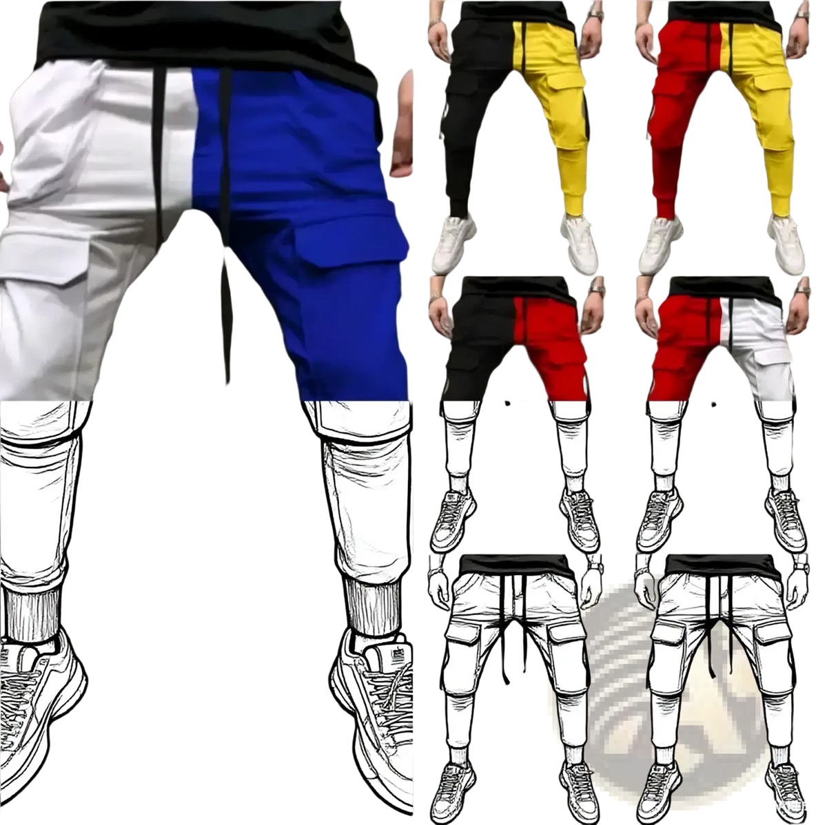 Hip hop cargo joggers color block streetwear pants in bold white and blue with relaxed fit side pockets and drawstring waist