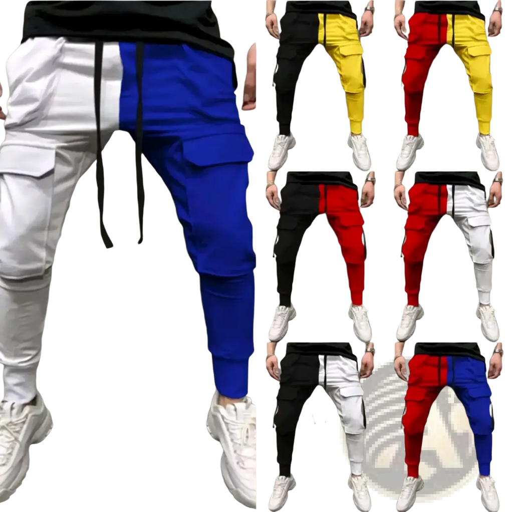Color-blocked hip hop cargo joggers with bold vertical stripes and multiple side pockets for streetwear use