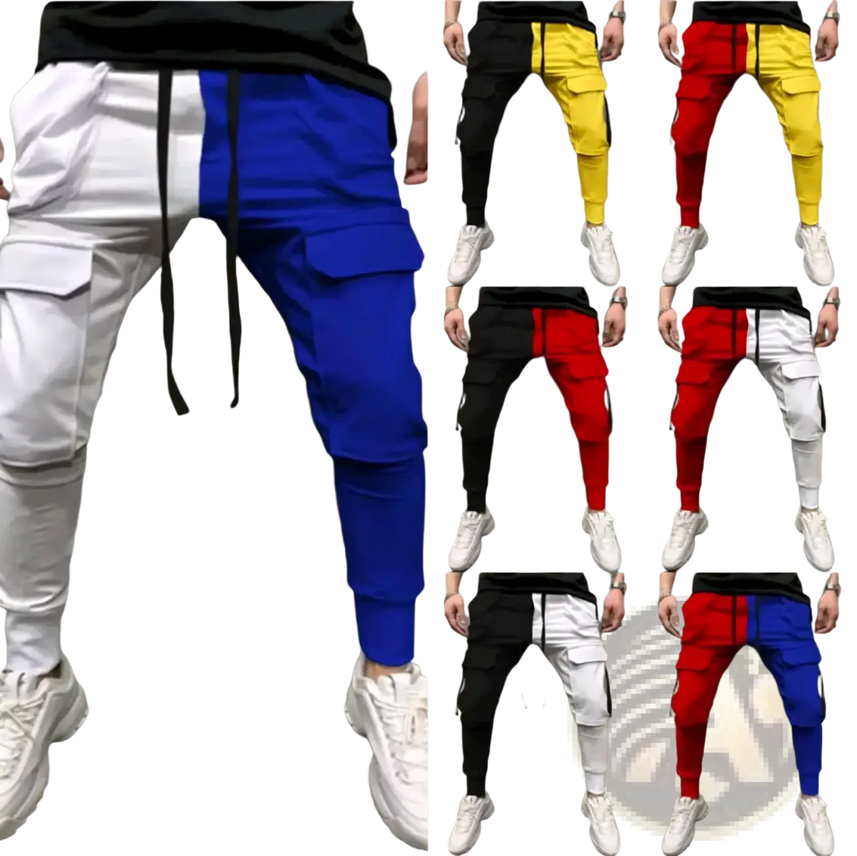 Color-blocked hip hop cargo joggers with bold vertical stripes and multiple side pockets for streetwear use