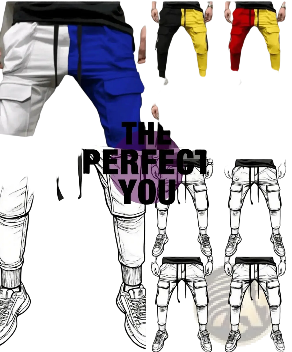 Hip hop cargo joggers with color block white blue yellow and red and drawstring waistbands for streetwear