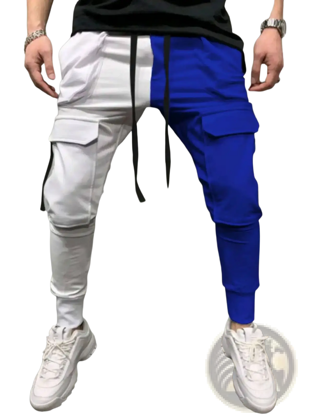 Two-tone color-blocked hip hop cargo joggers with white and royal blue sections, black drawstrings, and side pockets