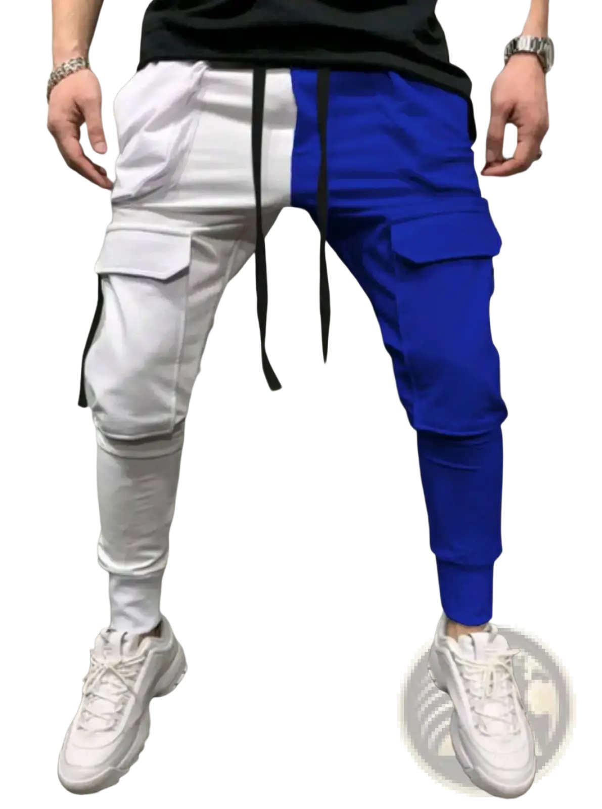 Two-tone color-blocked hip hop cargo joggers with white and royal blue sections, black drawstrings, and side pockets