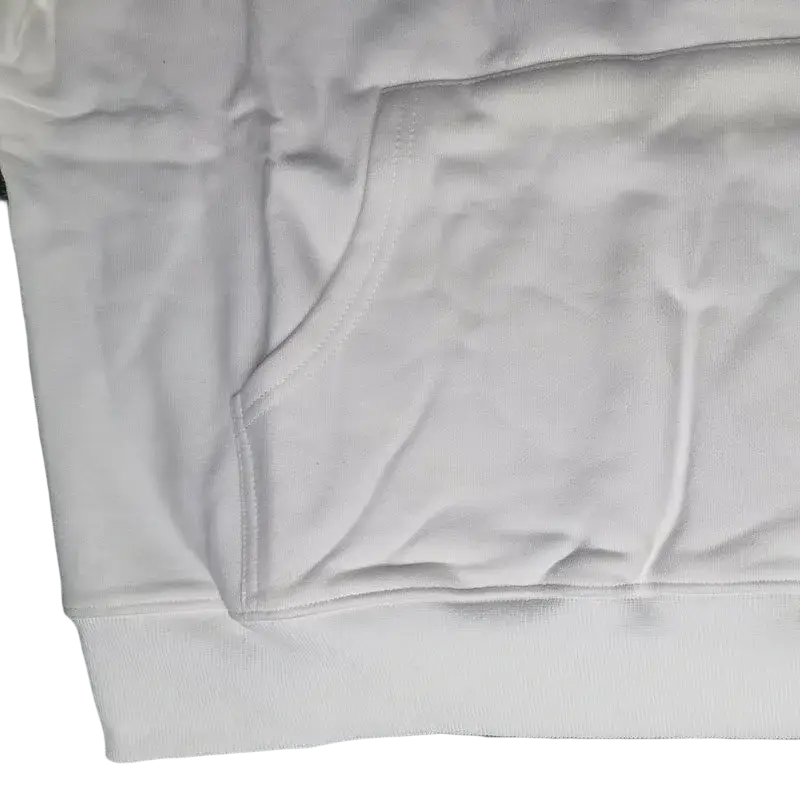 White cotton hip hop hoodie for men with horse print, front pocket, and ribbed hem pullover design