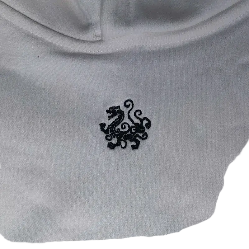 White cotton hip hop hoodie with a small black embroidered lion emblem on the chest for men pullover style