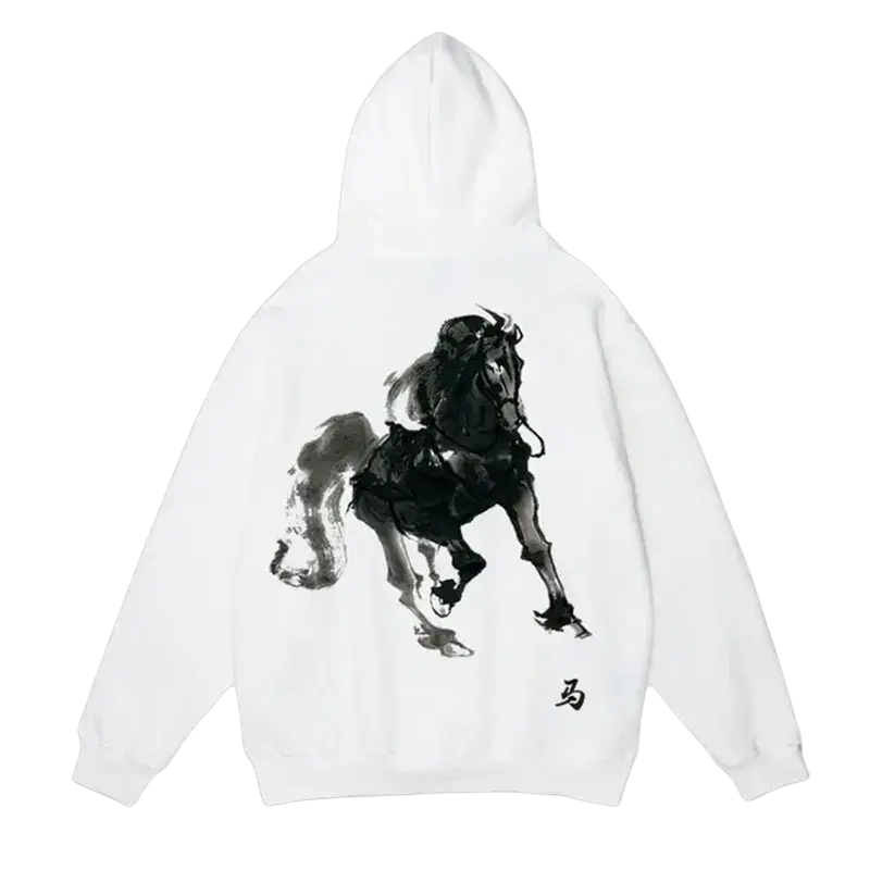 White cotton hip hop hoodie featuring black ink-style horse illustration and chinese character horse print on front