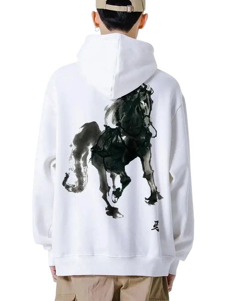 White cotton hip hop hoodie for men with a bold black ink-style horse graphic on the back side