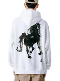 White cotton hip hop hoodie for men with a bold black ink-style horse graphic on the back side
