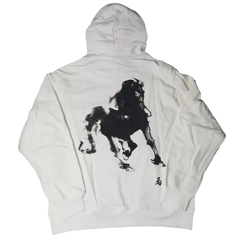 White cotton hip hop hoodie with bold black ink brushstroke horse and small chinese character on the back